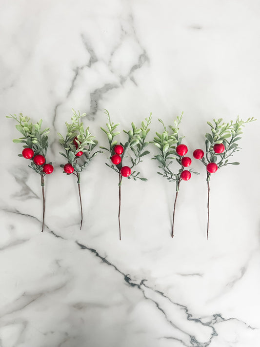 Red Berry Greenery Sprigs - Set of 5