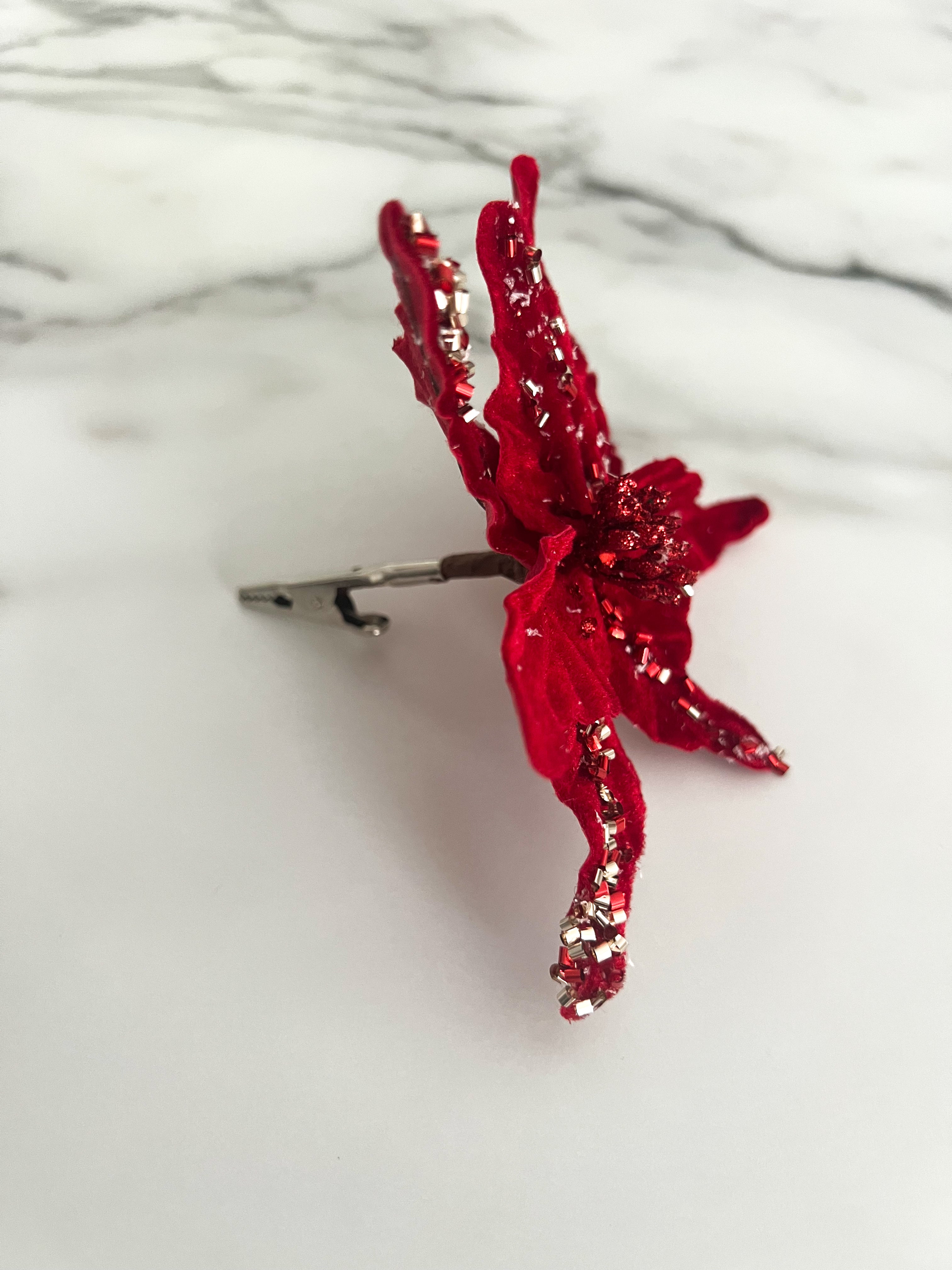 Mini Red Poinsettia Pick Stem Clip-On Christmas Flower