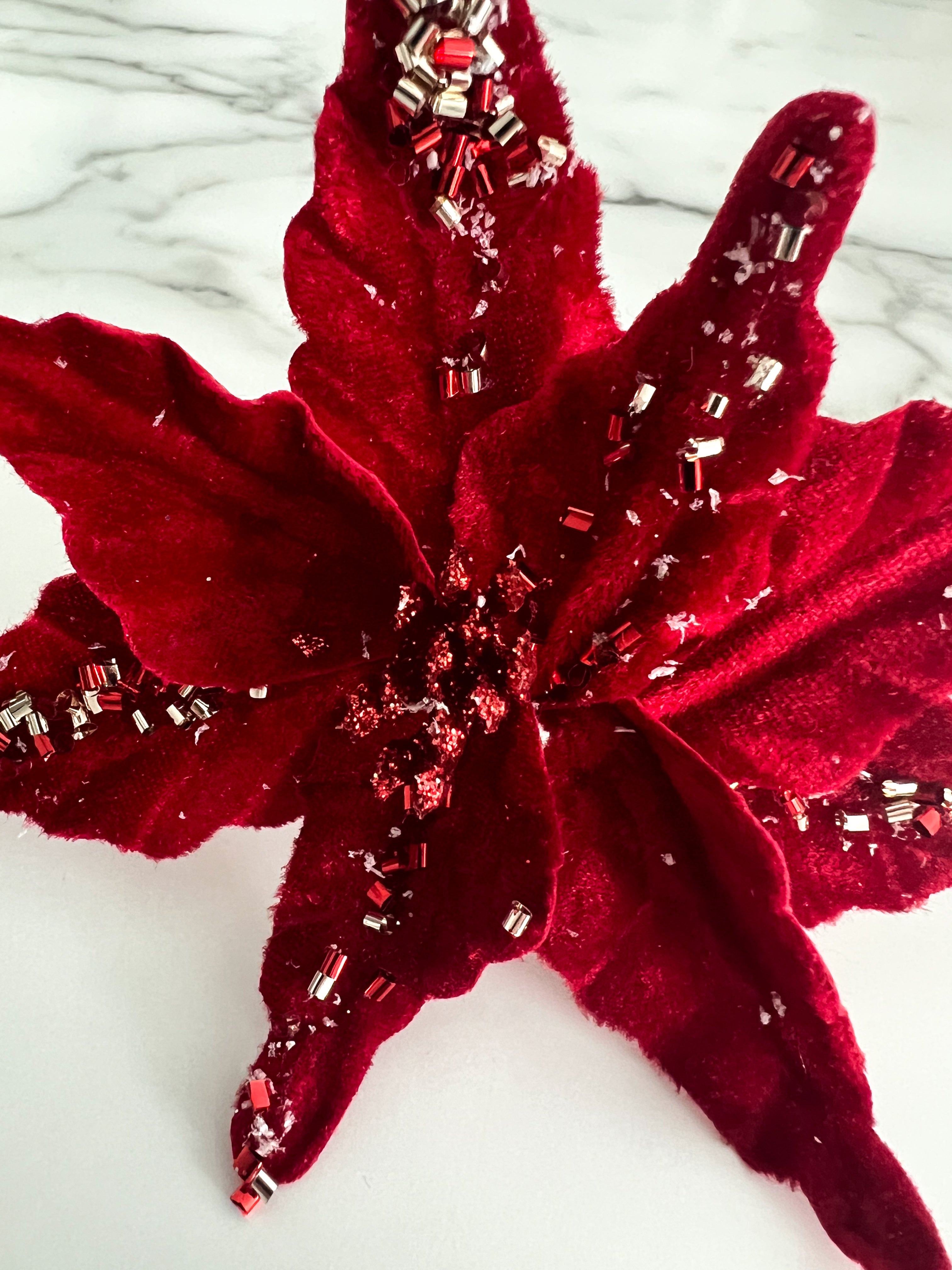 Mini Red Poinsettia Pick Stem Clip-On Christmas Flower