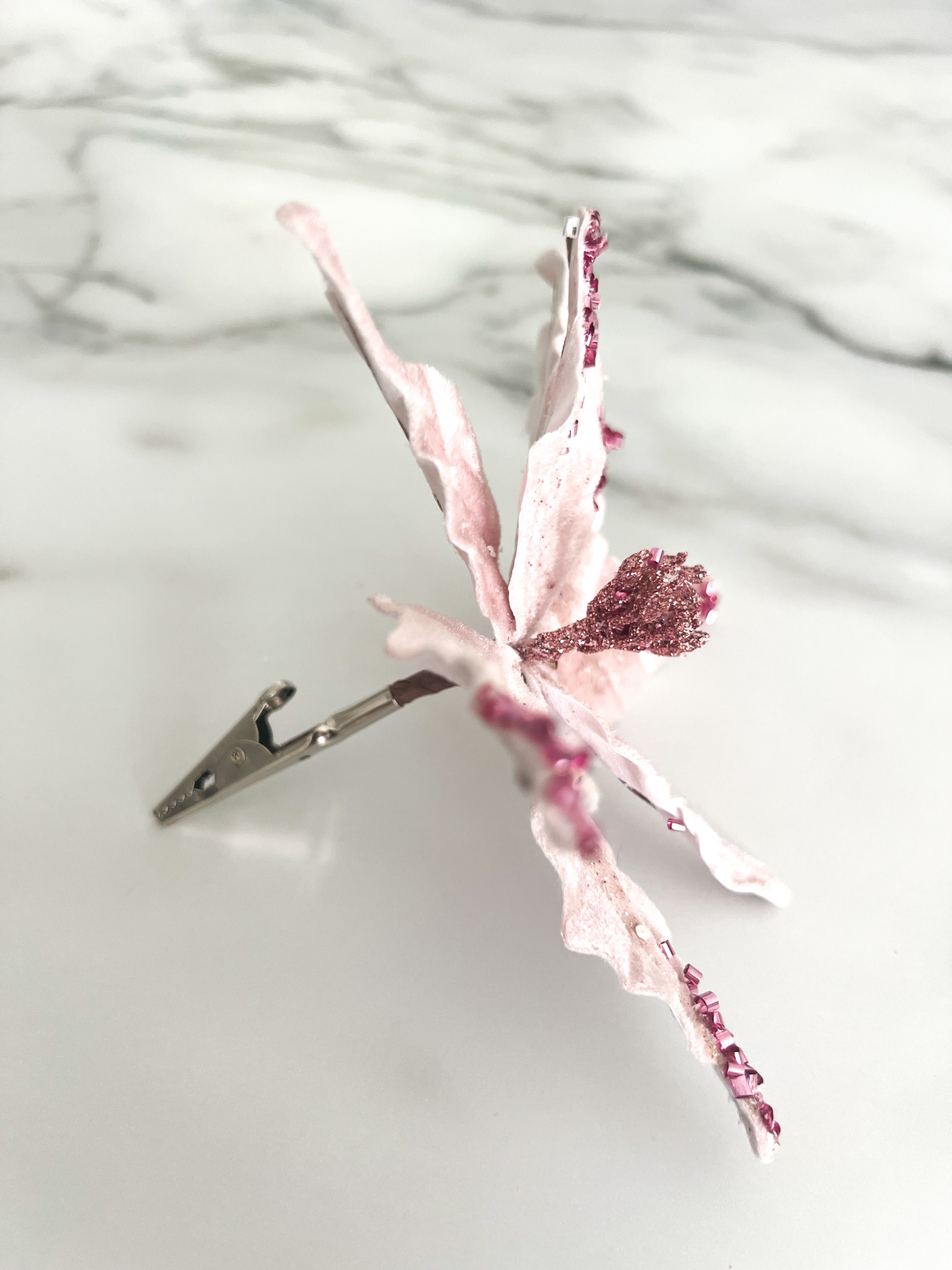 Mini Pink Poinsettia Pick Stem Clip-On Christmas Flower