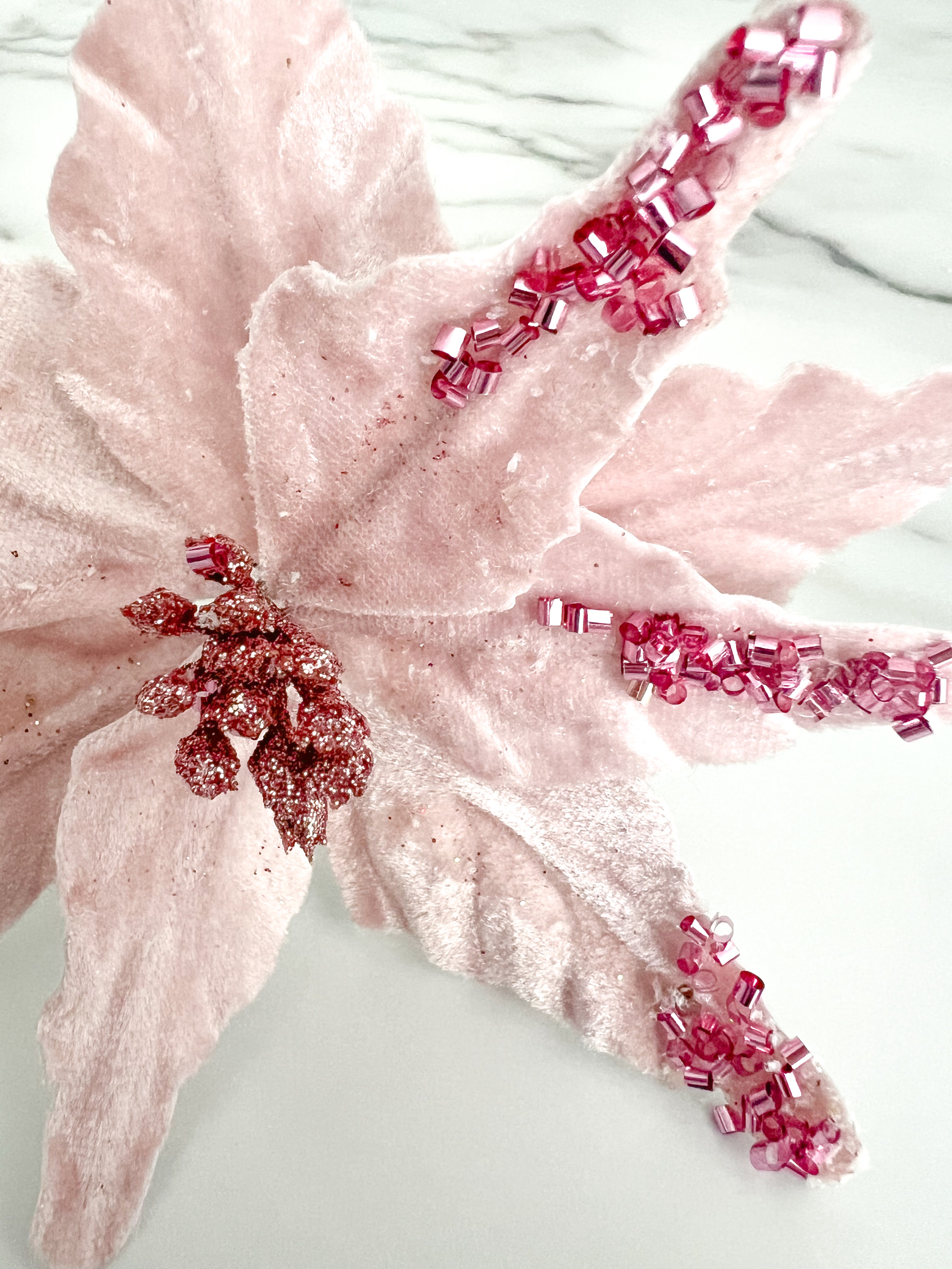 Mini Pink Poinsettia Pick Stem Clip-On Christmas Flower