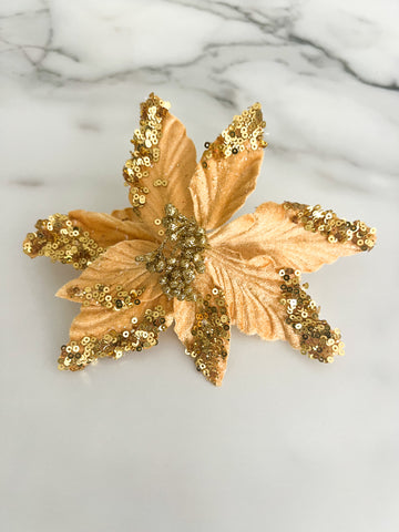 Mini Gold Poinsettia Pick Stem Clip-On Christmas Flower