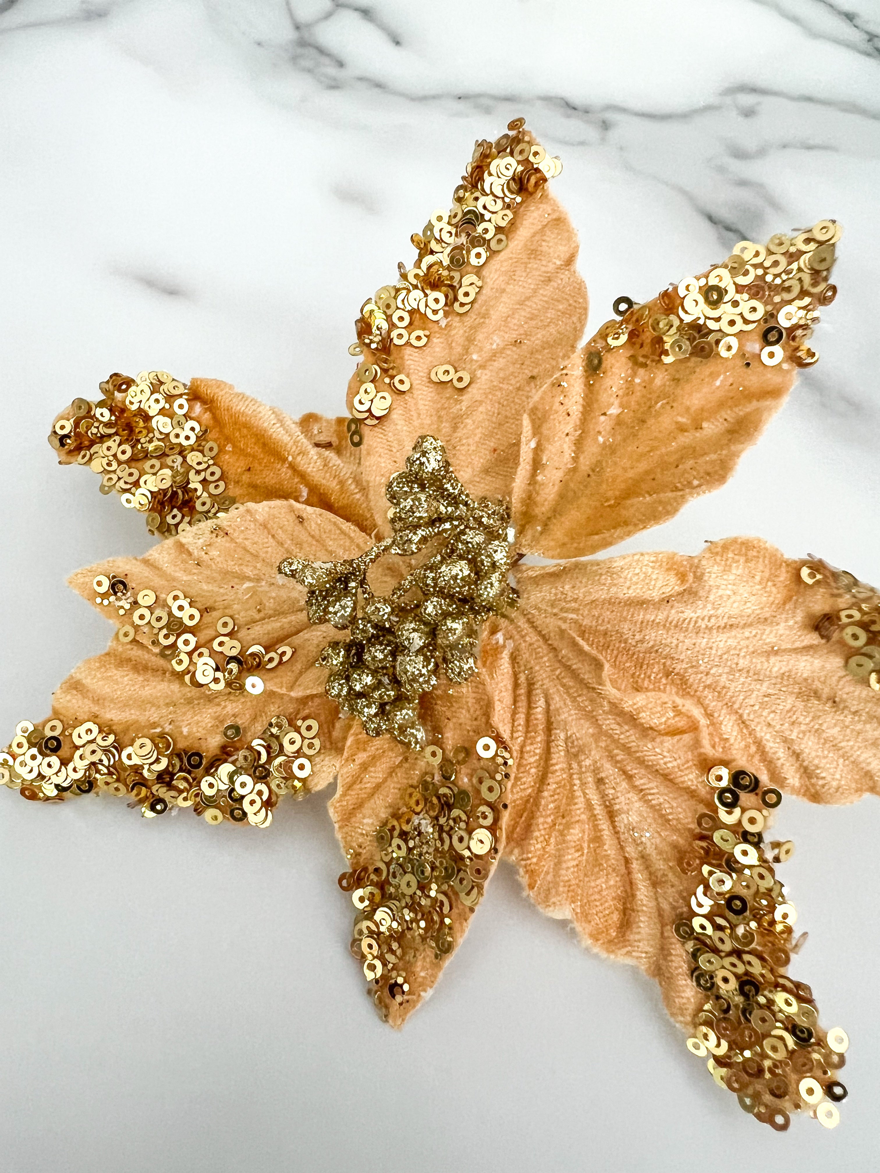 Mini Gold Poinsettia Pick Stem Clip-On Christmas Flower