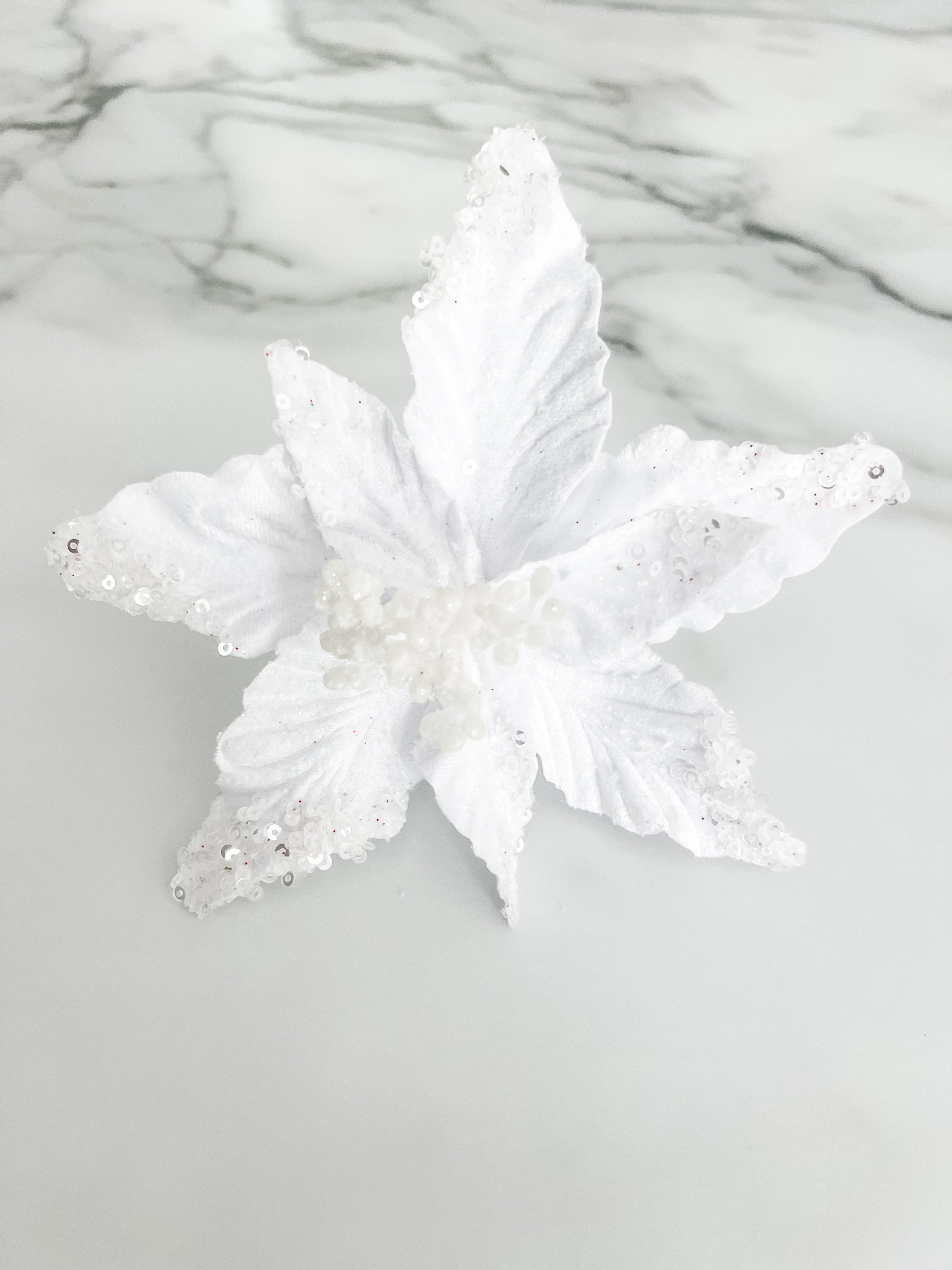 Mini White Poinsettia Pick Stem Clip-On Christmas Flower