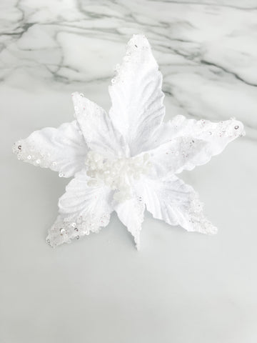 Mini White Poinsettia Pick Stem Clip-On Christmas Flower