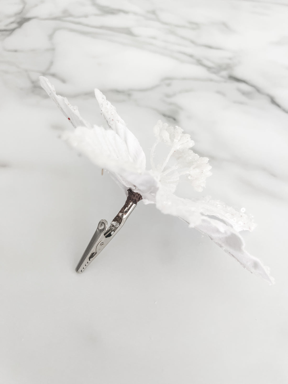 Mini White Poinsettia Pick Stem Clip-On Christmas Flower
