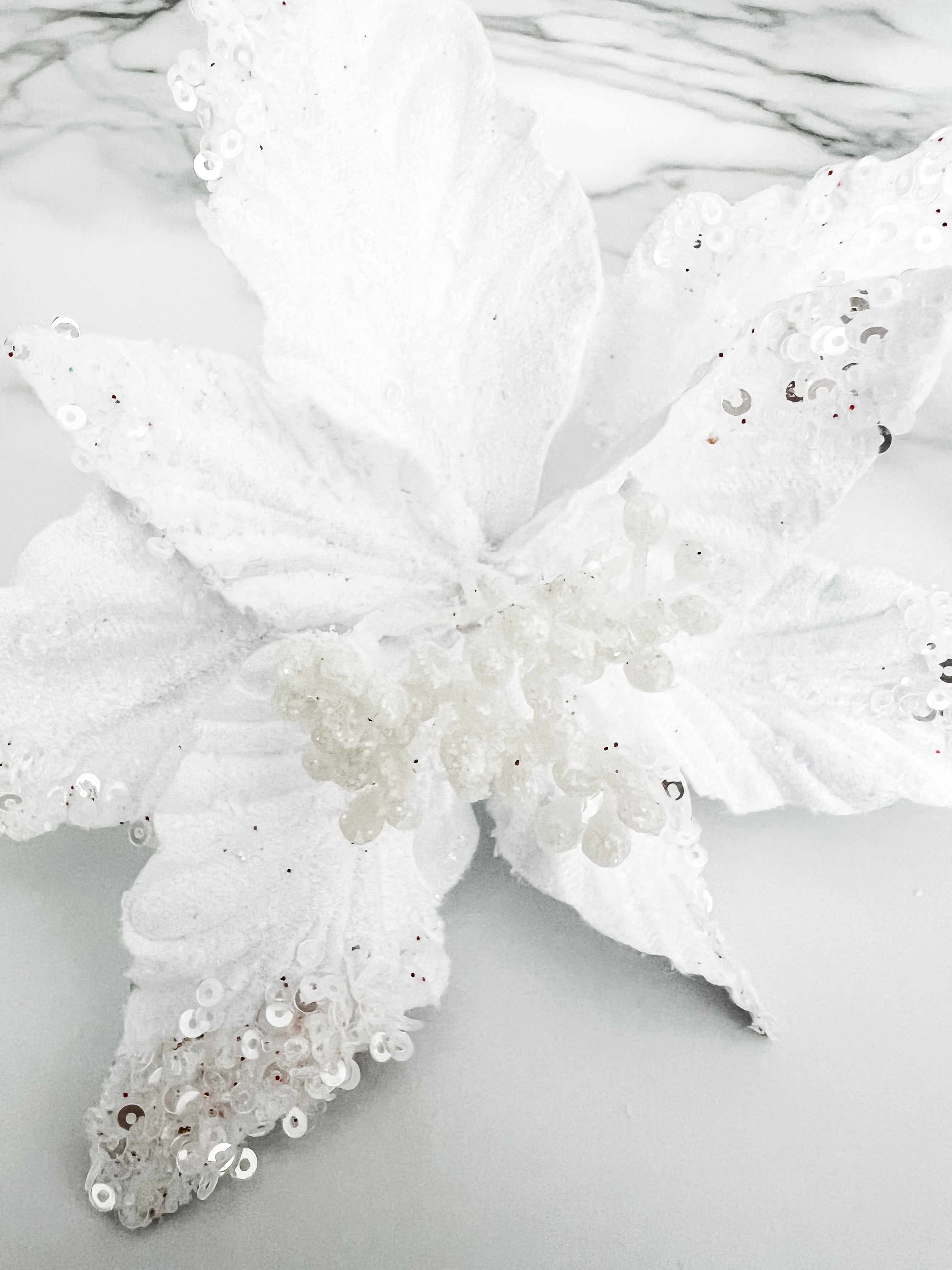 Mini White Poinsettia Pick Stem Clip-On Christmas Flower