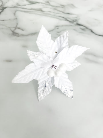 Mini White Poinsettia Pick Stem Clip-On Christmas Flower