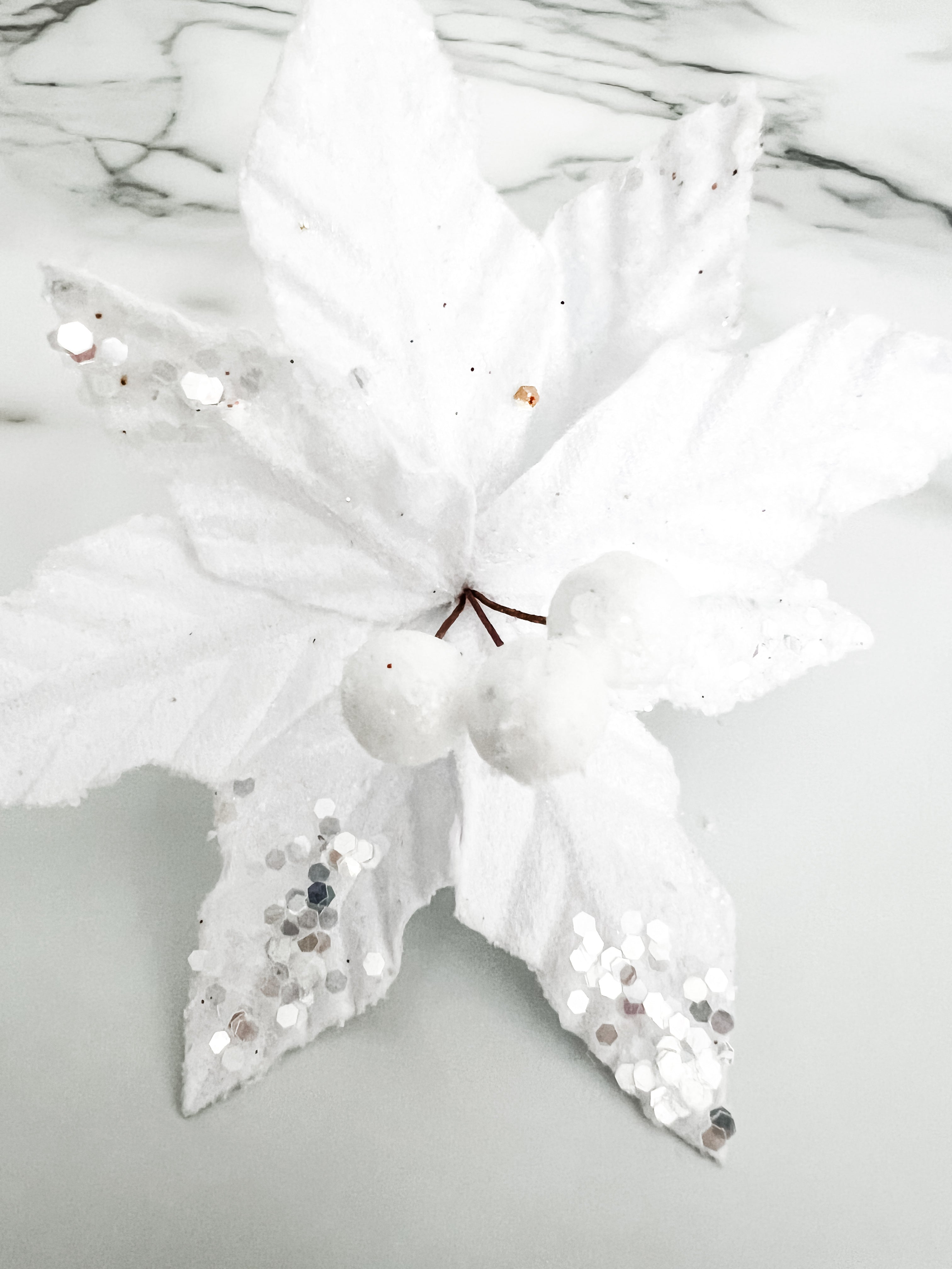 Mini White Poinsettia Pick Stem Clip-On Christmas Flower