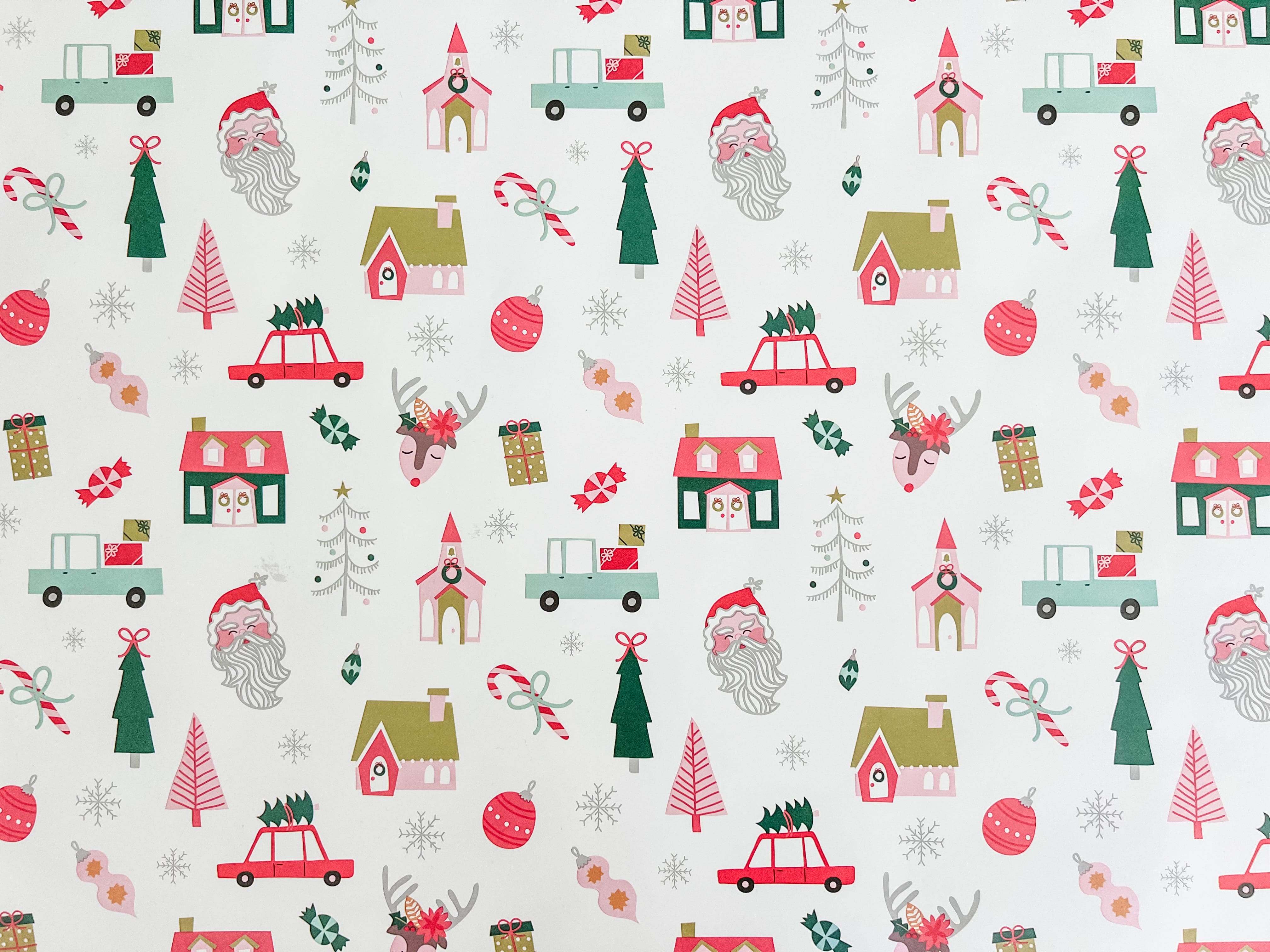 Christmas-themed pattern with Santa Claus, reindeer, and festive elements on a white background.