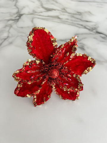 Mini Red Poinsettia Pick Stem Clip-On Christmas Flower