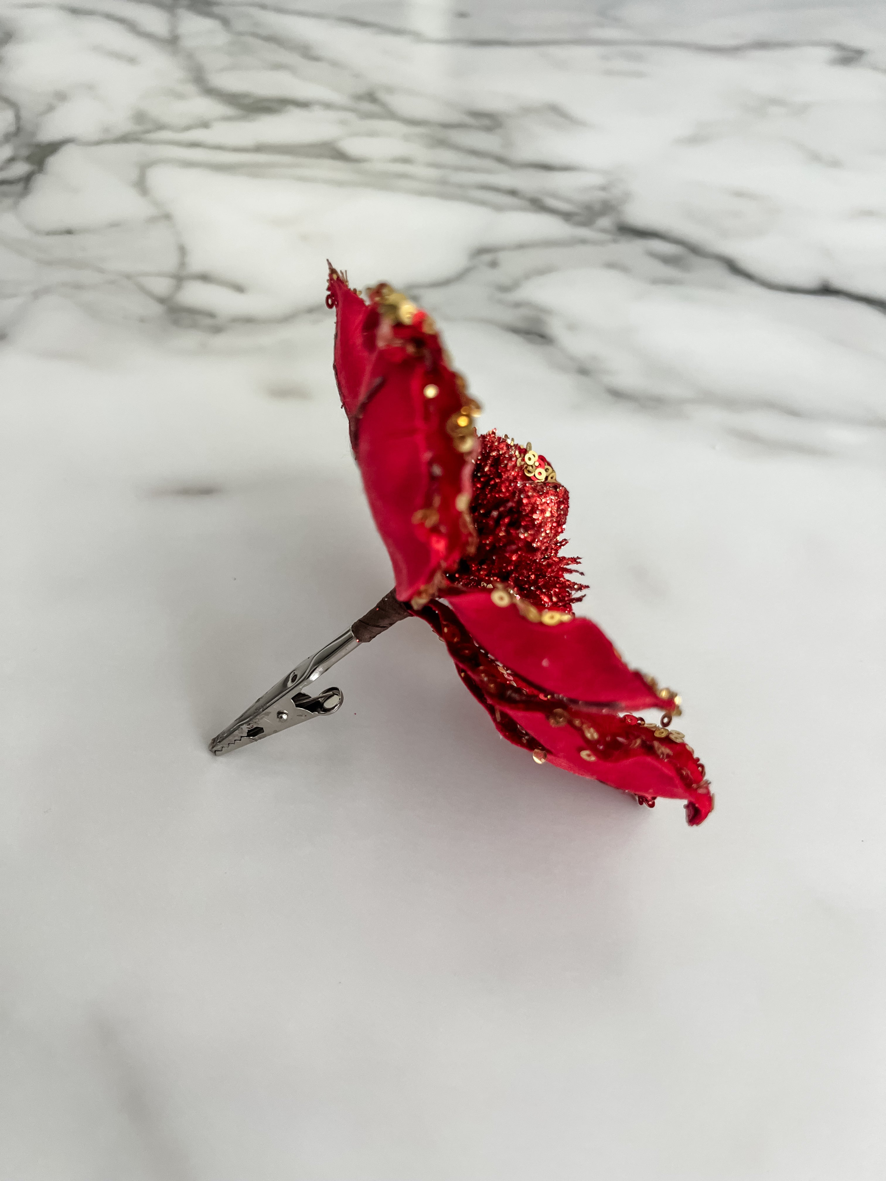 Mini Red Poinsettia Pick Stem Clip-On Christmas Flower