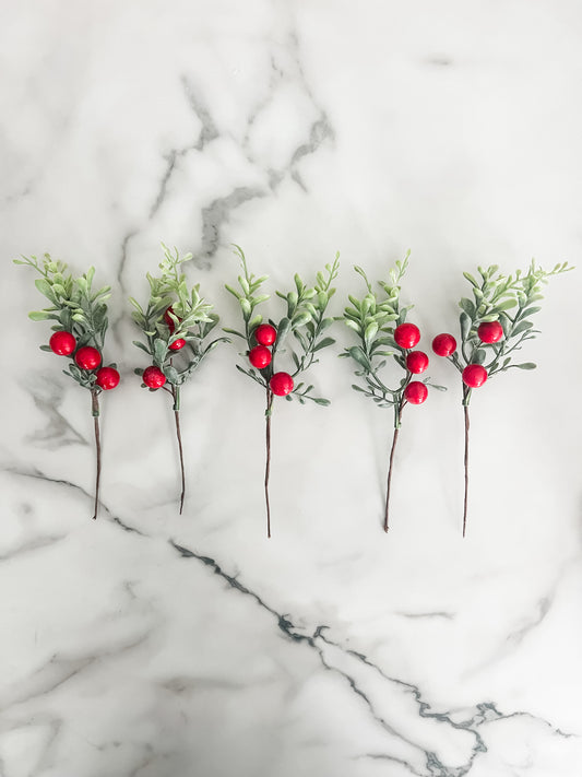 Red Berry Greenery Sprigs - Set of 5