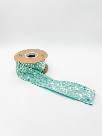 2" Sequined Velvet Wired Ribbon - Aqua