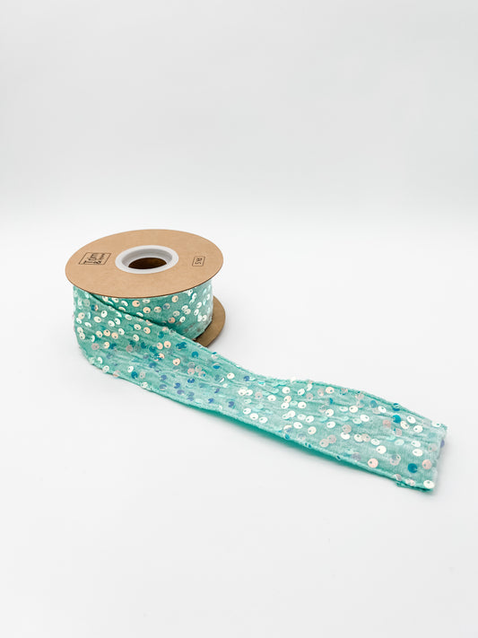 2" Sequined Velvet Wired Ribbon - Aqua