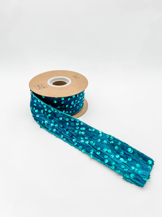 PREORDER - 2" Sequined Velvet Wired Ribbon - Turquoise