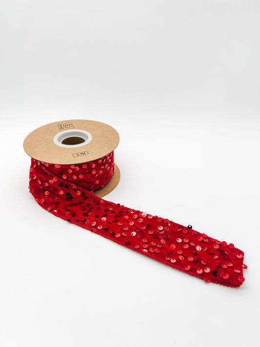 2" Sequined Velvet Wired Ribbon - Red