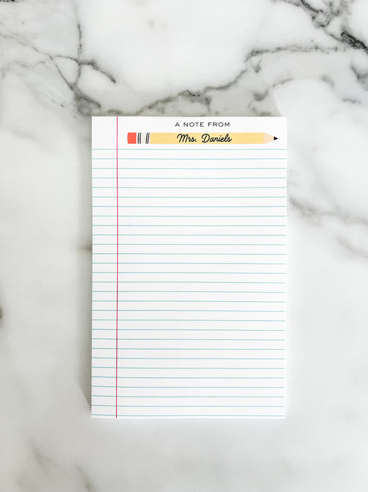 Personalized Custom Teacher Notepad - Pencil Design w/ Lines