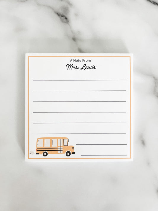 Personalized Custom Teacher Notepad - School Bus w/ Lines
