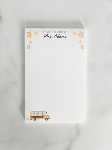 Personalized teacher notepad with a bus and stars