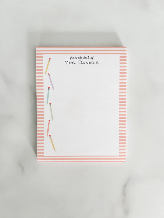 Striped Personalized Custom Teacher Notepad - Pencil Design