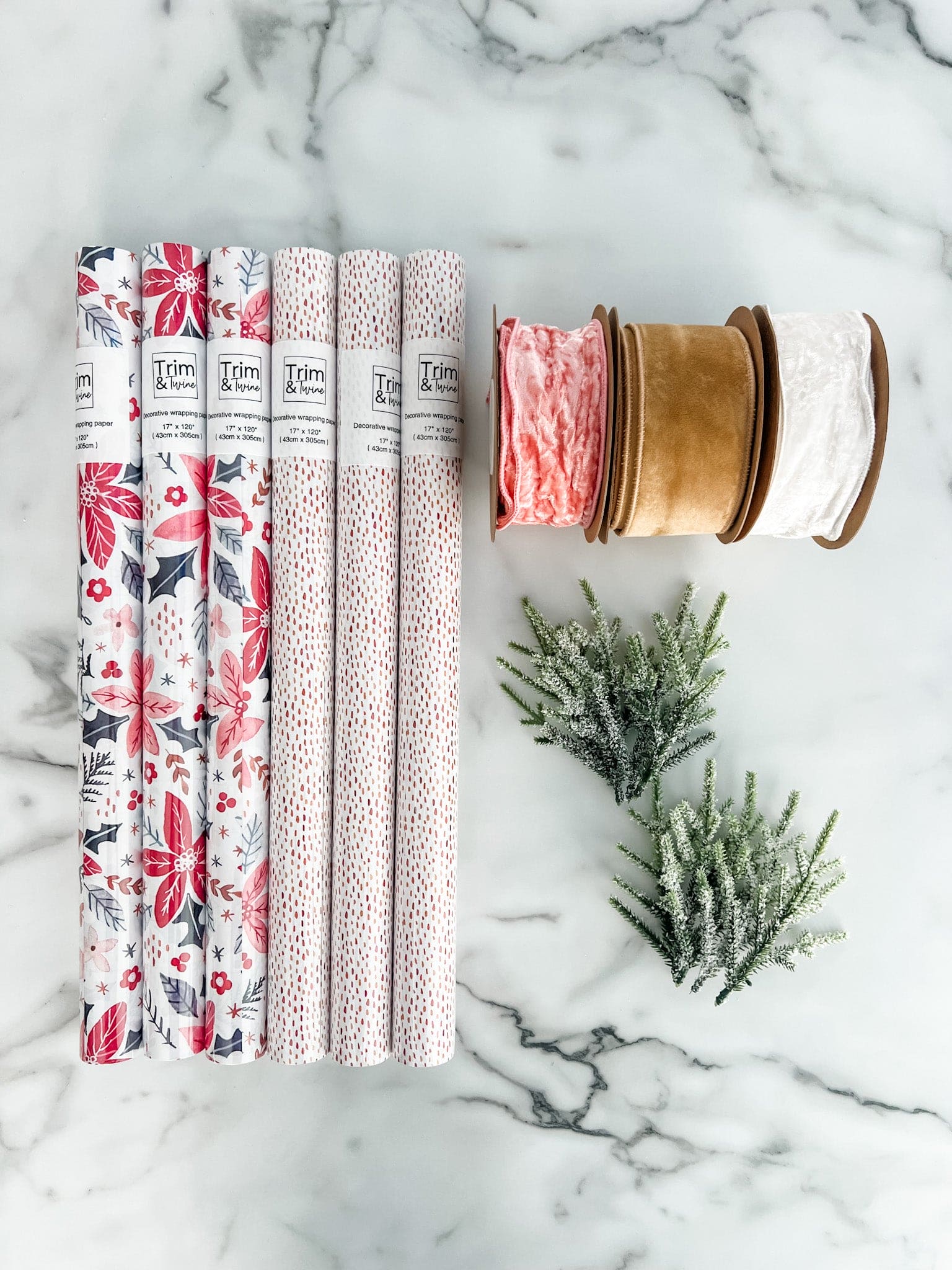 Mini Floral Kit , floral and gold speckled wrapping paper, blush, gold and white ribbon and snowy sprigs. 