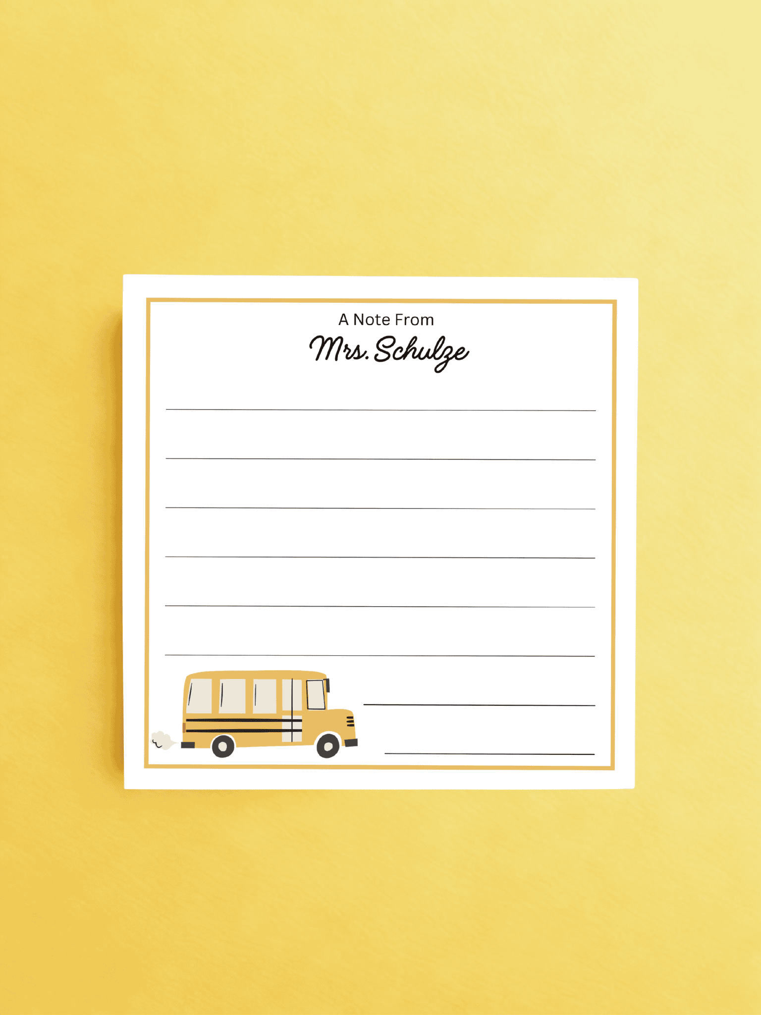 Personalized teacher notepad with lines for writing and a bus